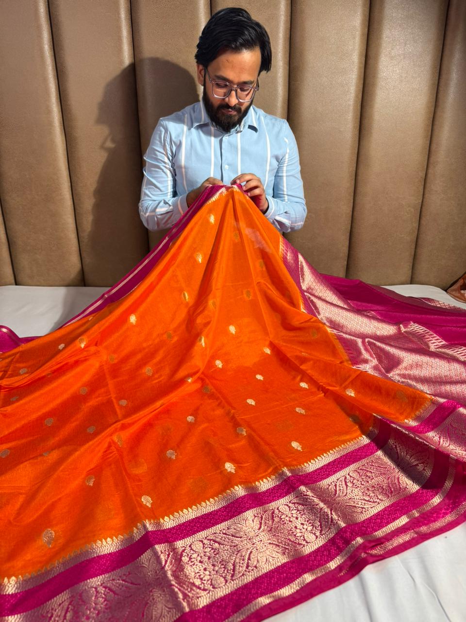 Orange shade chiniya silk saree with rich pallu and Contrast blouse