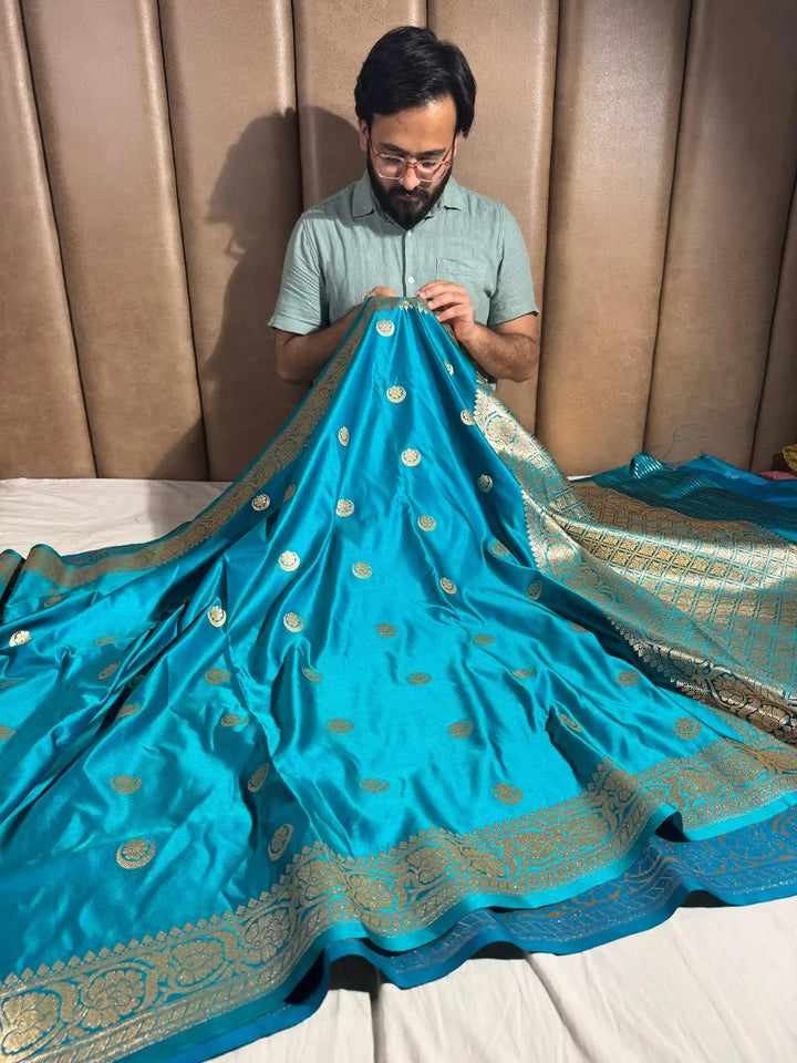 Pacific Blue Satin Silk Saree with Rich Texture Design and Classical Pallu
