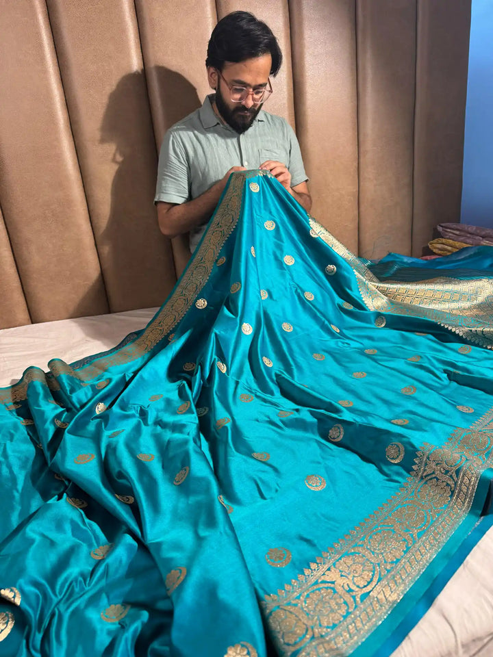 Pacific Blue Satin Silk Saree with Rich Texture Design and Classical Pallu