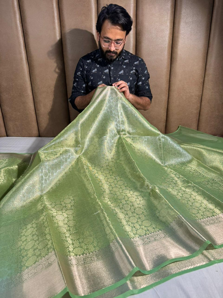 Parrot Green Kanjivaram Bridal Tissue Silk Saree with Rich pallu and blouse