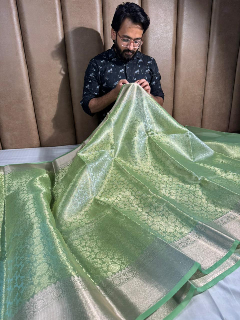 Parrot Green Kanjivaram Bridal Tissue Silk Saree with Rich pallu and blouse