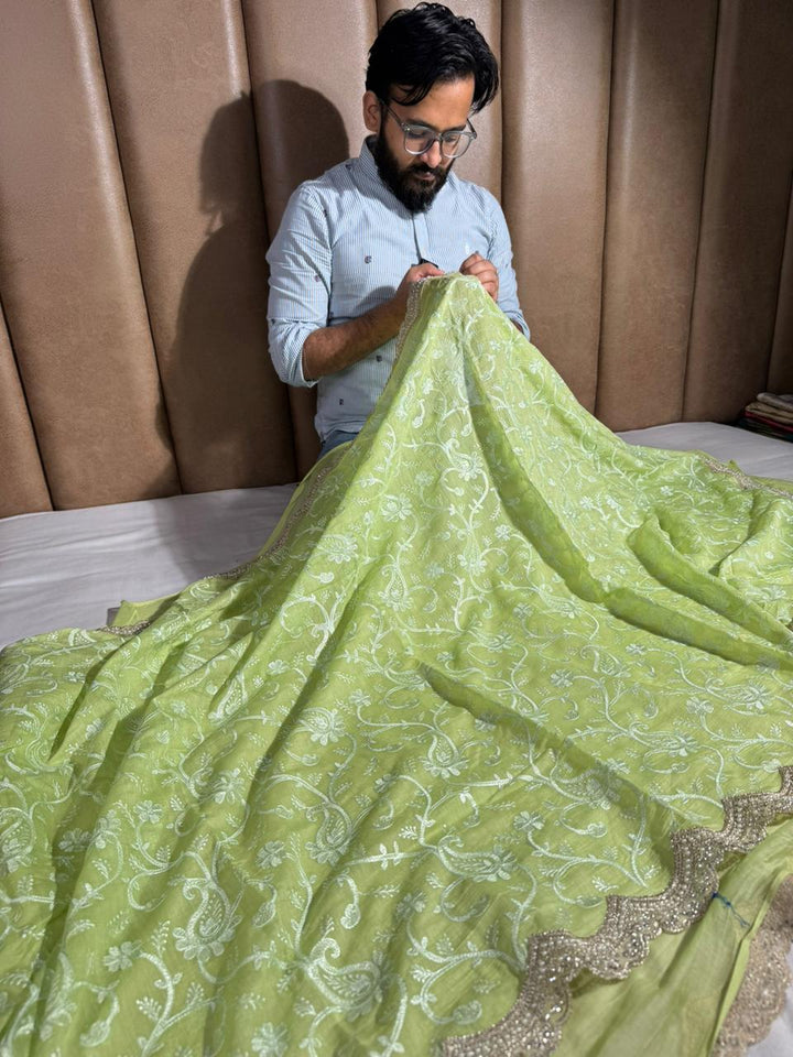 Parrot Green Mul Chanderi Chikankari Embroidered Lace Work Banarasi Saree