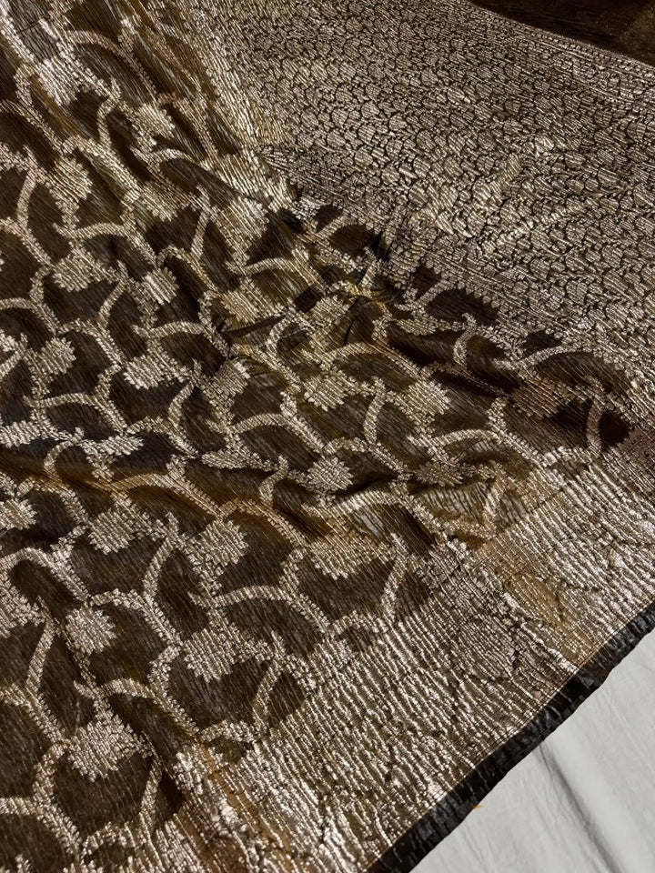 Otter Brown Pashmina silk saree with vertical crush pattern and rich pallu