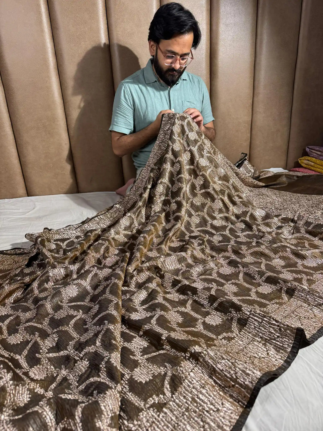 Otter Brown Pashmina silk saree with vertical crush pattern and rich pallu