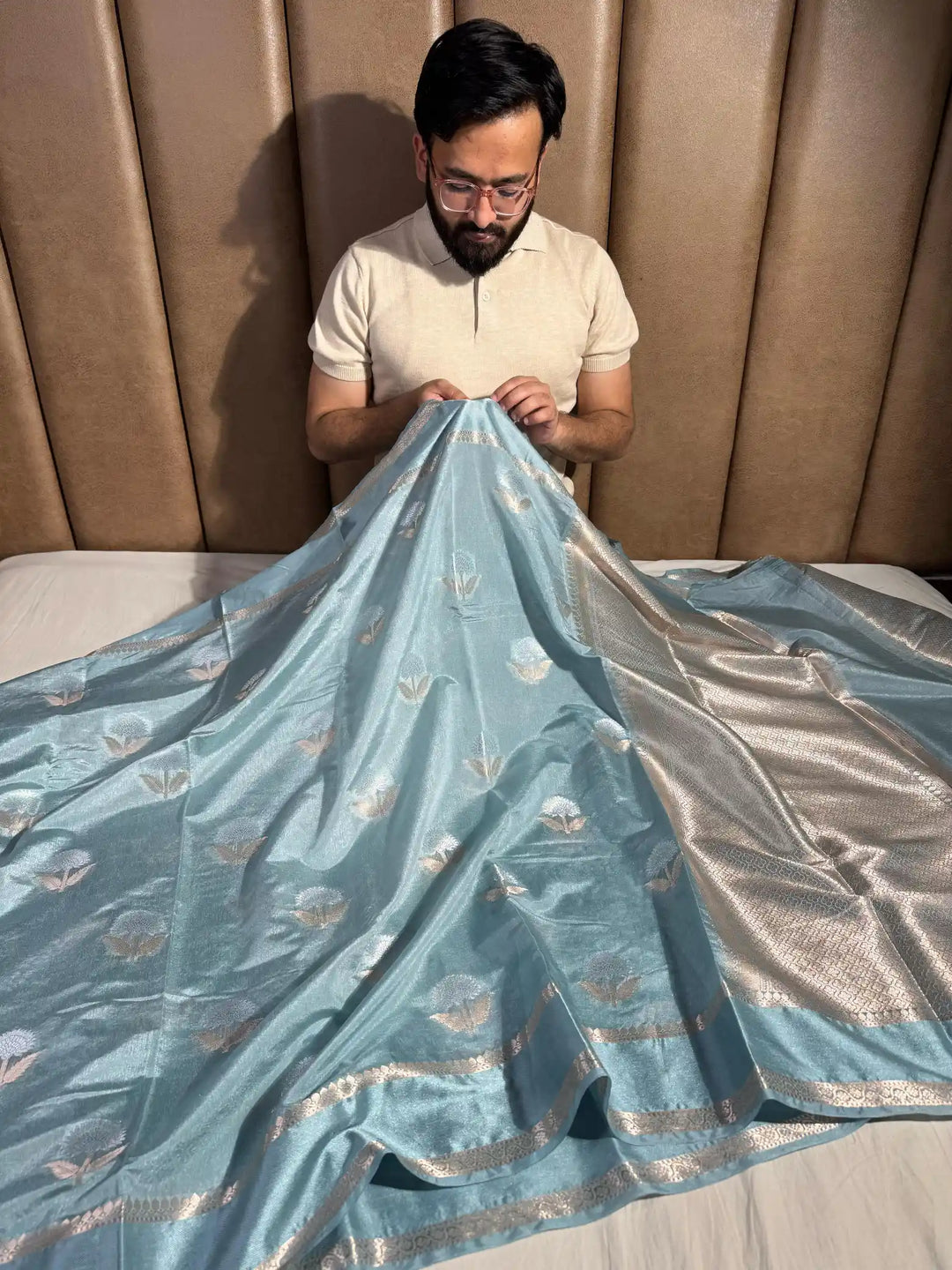 Pastel Blue Premium Chiniya Silk Saree with Rich Pallu and Blouse