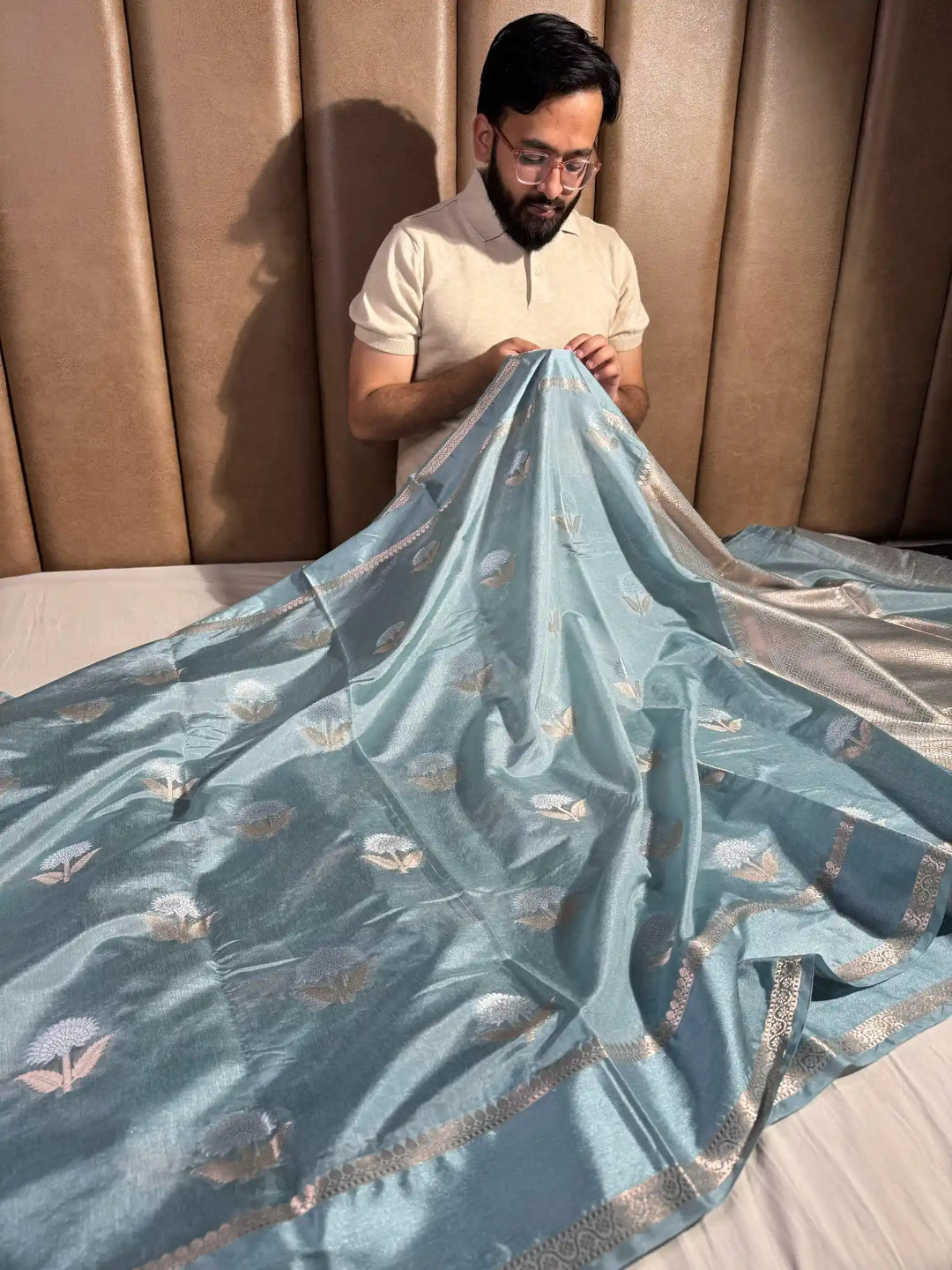Pastel Blue Premium Chiniya Silk Saree with Rich Pallu and Blouse