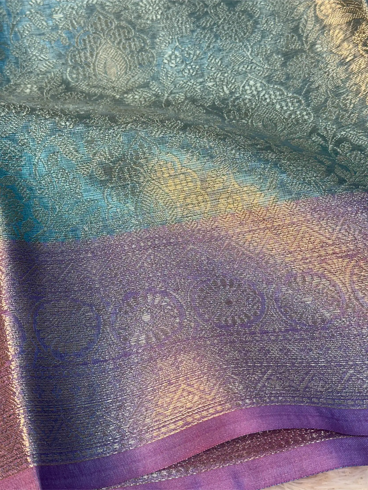 Pastel Firozi Tissue Silk Kanjivaram Embossed Banarasi Saree
