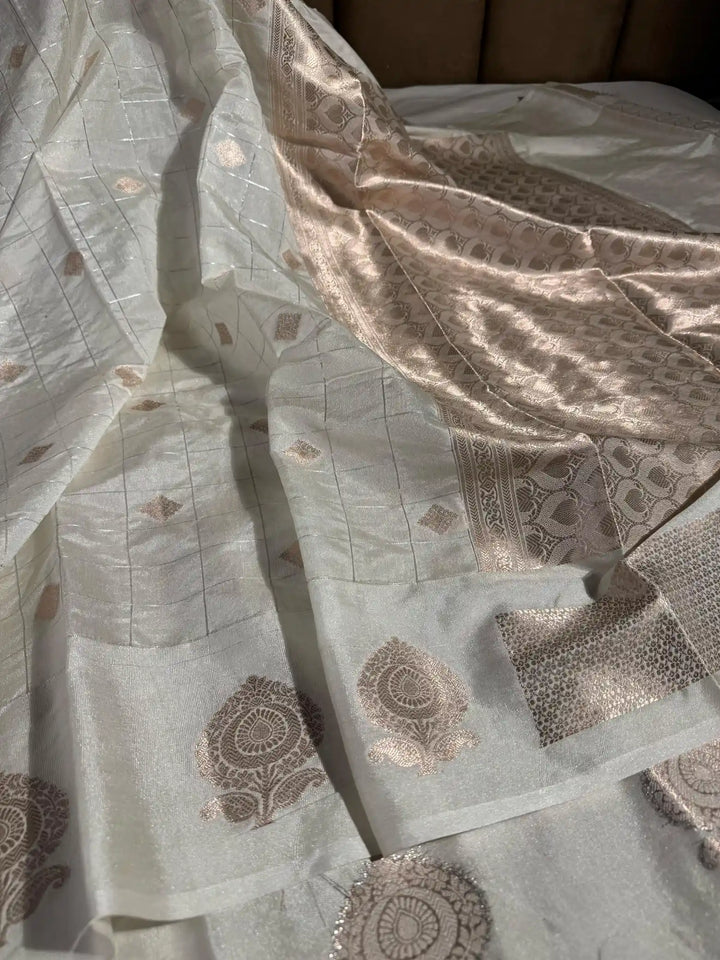 Pastel Gray Premium Chiniya Silk Saree with Rich Pallu and Blouse