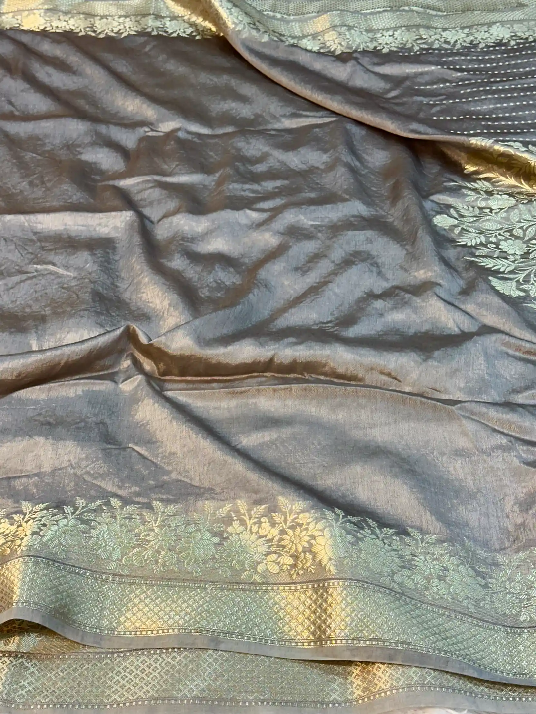 Pastel Grey Crepe Chinia Silk Banarasi Saree