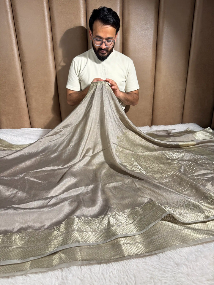 Pastel Grey Crepe Chinia Silk Banarasi Saree