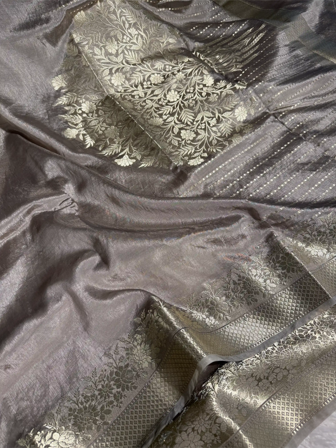 Pastel Grey Crepe Chinia Silk Banarasi Saree