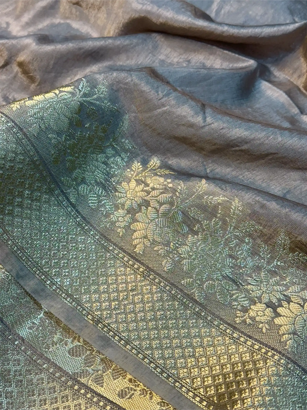 Pastel Grey Crepe Chinia Silk Banarasi Saree