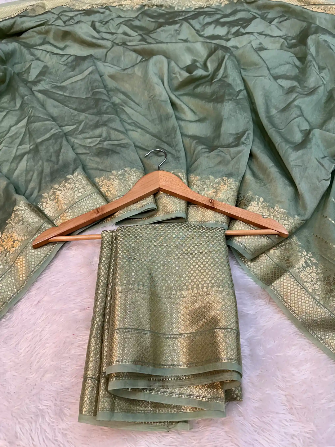 Pastel Sea Green Crepe Chinia Silk Banarasi Saree