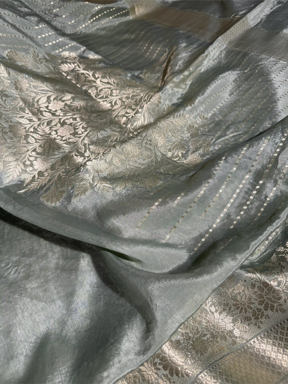 Pastel Sea Green Crepe Chinia Silk Banarasi Saree