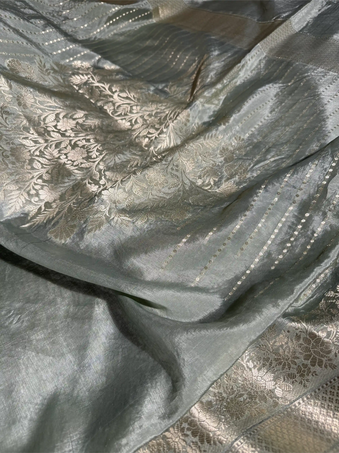 Pastel Sea Green Crepe Chinia Silk Banarasi Saree