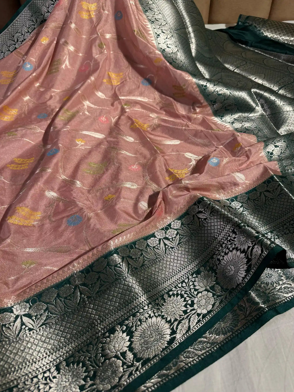 Peach Banarasi Chiniya Silk Saree with Rich Pallu and Blouse