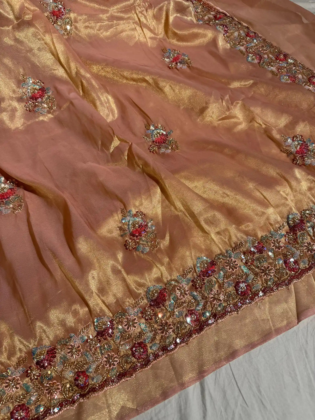 Peach Handwork limited edition saree with exclusive lightweight dual tone tissue silk saree