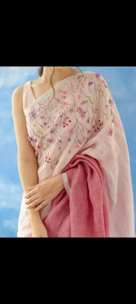 Peach Shade Pure Linen Silk Saree with Complete Handwork on Top
