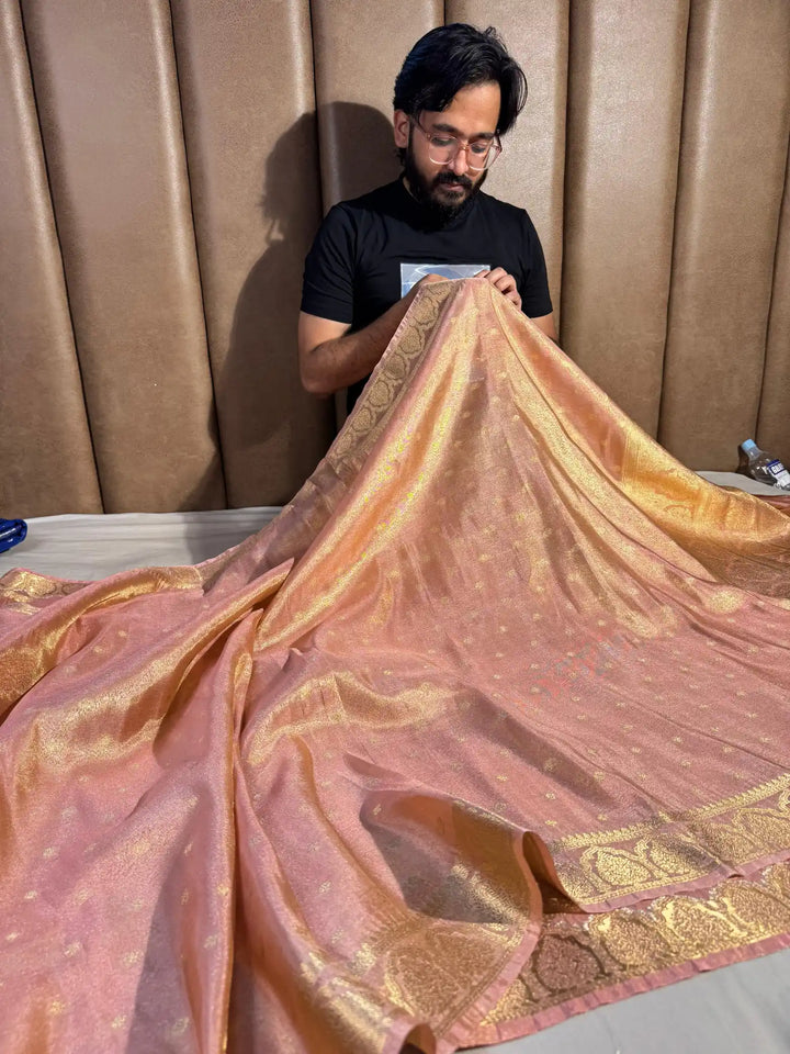 Peach Soft Luxurious Tissue Silk Saree with Rich Pallu and Blouse