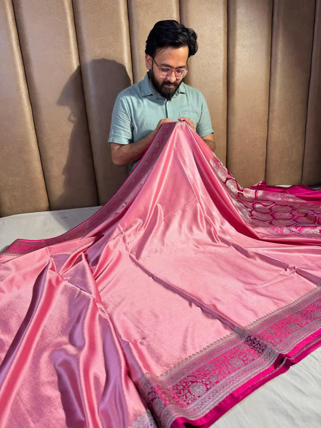 Pink Banarasi Mashru Katan Silk Saree with Rich Pallu and Blouse