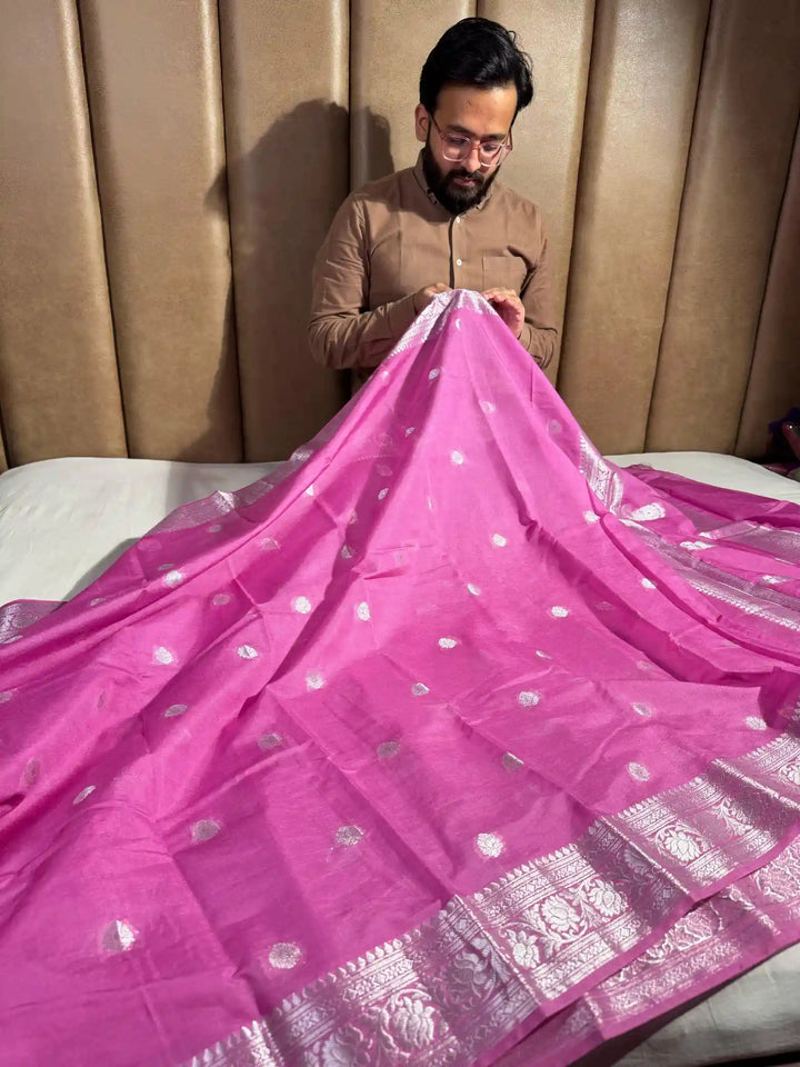 Pink Banarasi Semi Khaddi Silk Saree with Rich Pallu and Blouse