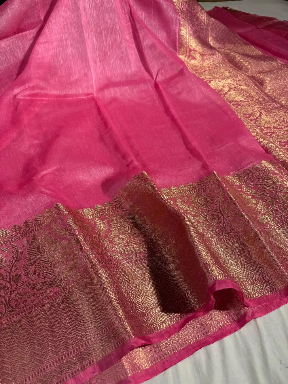 Pink Pure Banarasi Linen Silk Saree with Rich Pallu and Blouse