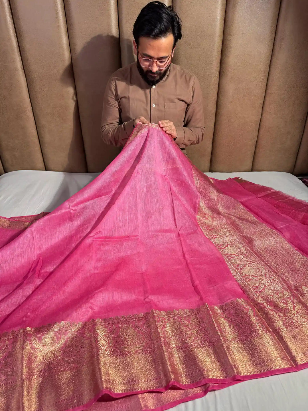Pink Pure Banarasi Linen Silk Saree with Rich Pallu and Blouse