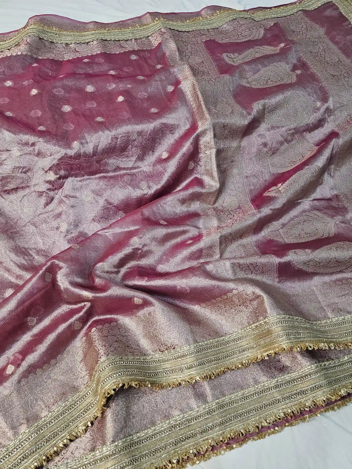 Pink Premium Tissue Silk Saree with Exclusive Lace Work