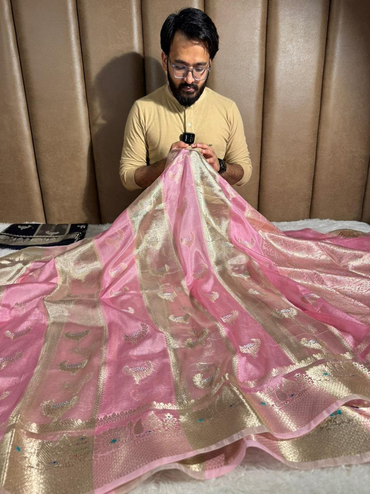 Preety Pink Rare Chinia Tissue Heritage Banarasi Saree