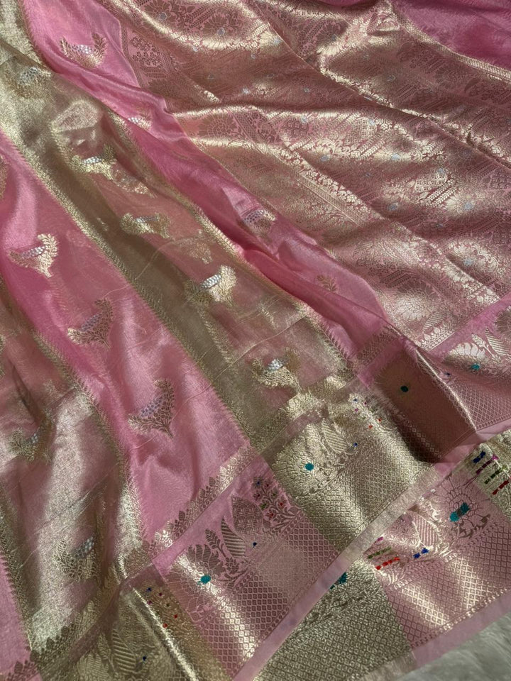 Preety Pink Rare Chinia Tissue Heritage Banarasi Saree