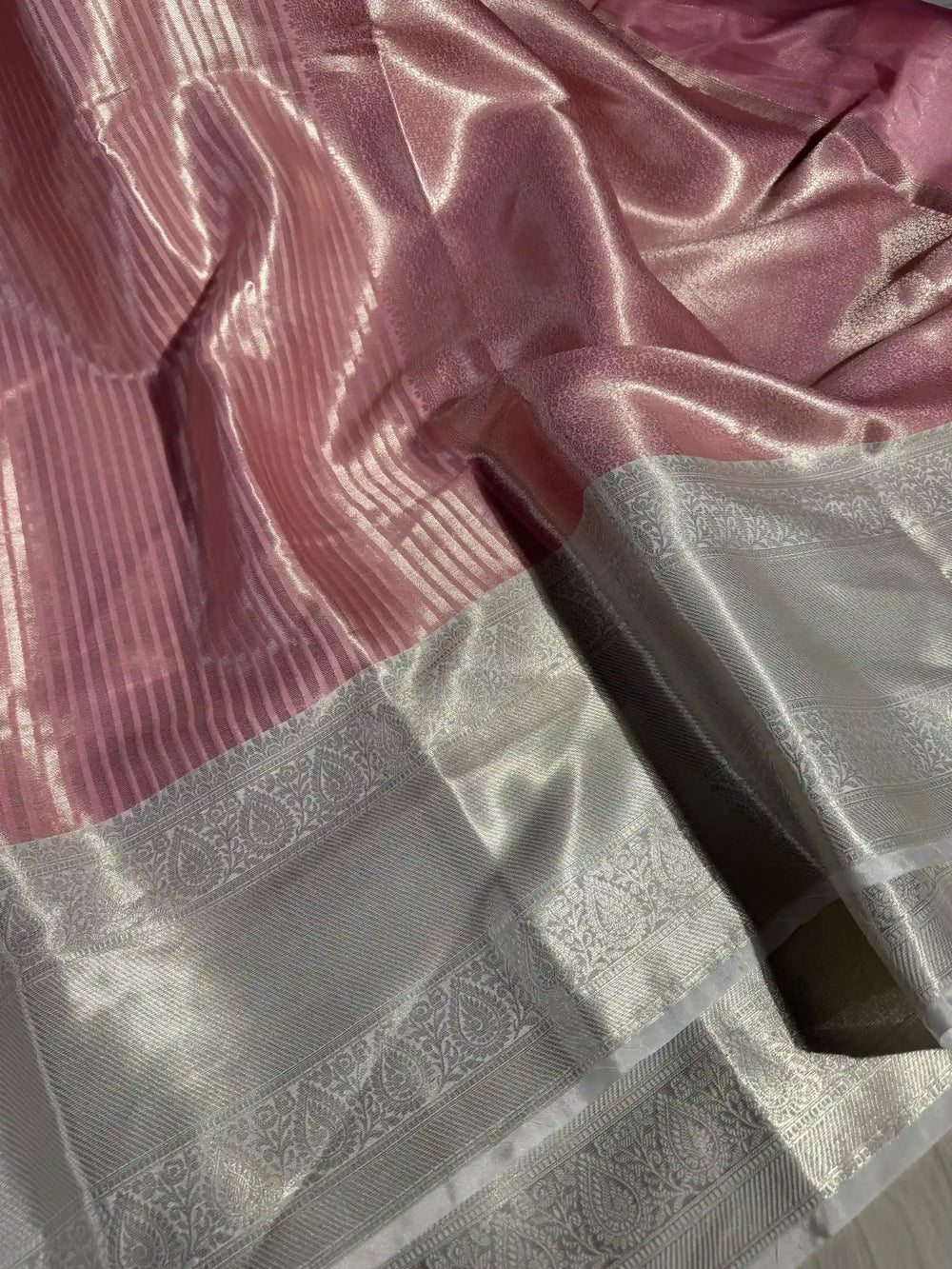 Premium Banarasi Katan Tissue Silk Saree with Unique Silver Stripe Design and Ivory White Pallu