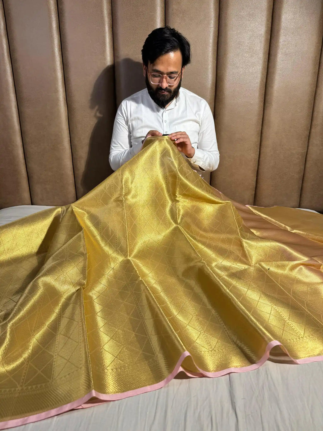 Premium Banarasi Tissue Silk Saree with Rich Pallu and Unique Pink Pipin Border