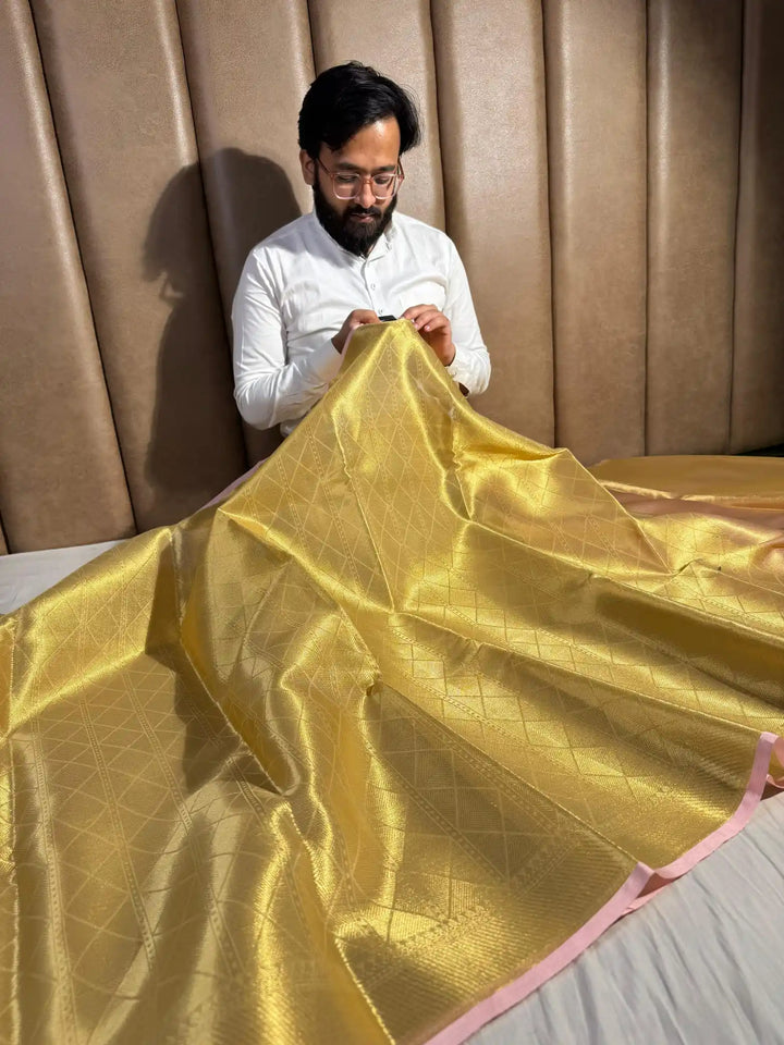 Premium Banarasi Tissue Silk Saree with Rich Pallu and Unique Pink Pipin Border
