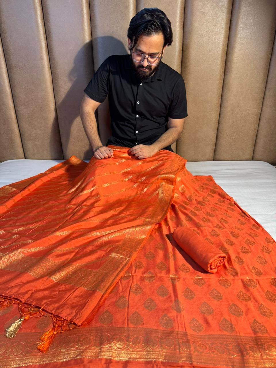 Premium Bright Orange Banarasi Cotton Suit with Rich Heritage Texture Design