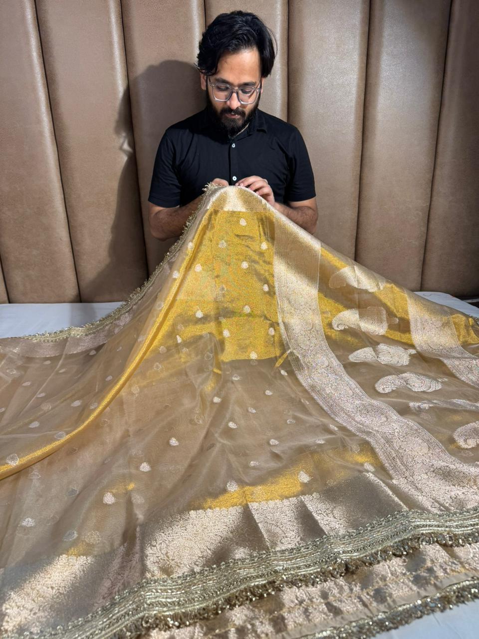 Premium Copper Tissue Silk Banarasi Saree with rich pallu heritage lacework and blouse
