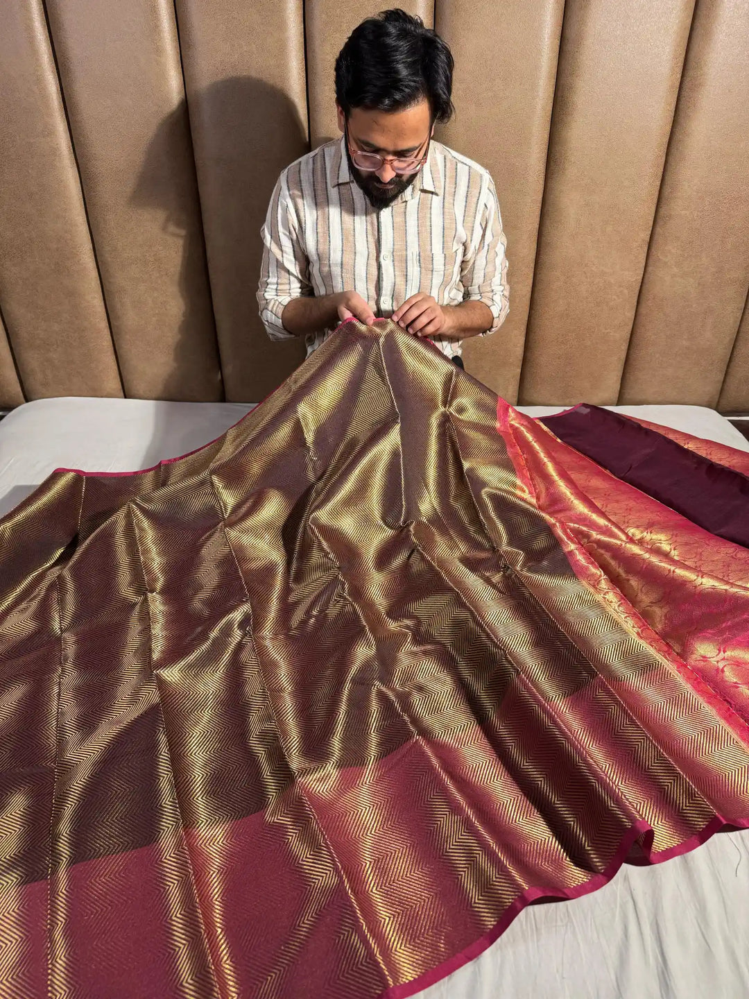 Premium Glass Tissue Silk Saree with Contrast Rich Pallu and Blouse