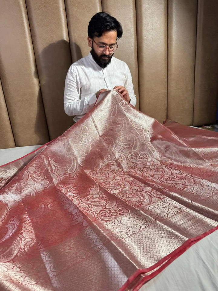 Premium Glass Tissue Silk Saree with Rich Pallu and Blouse