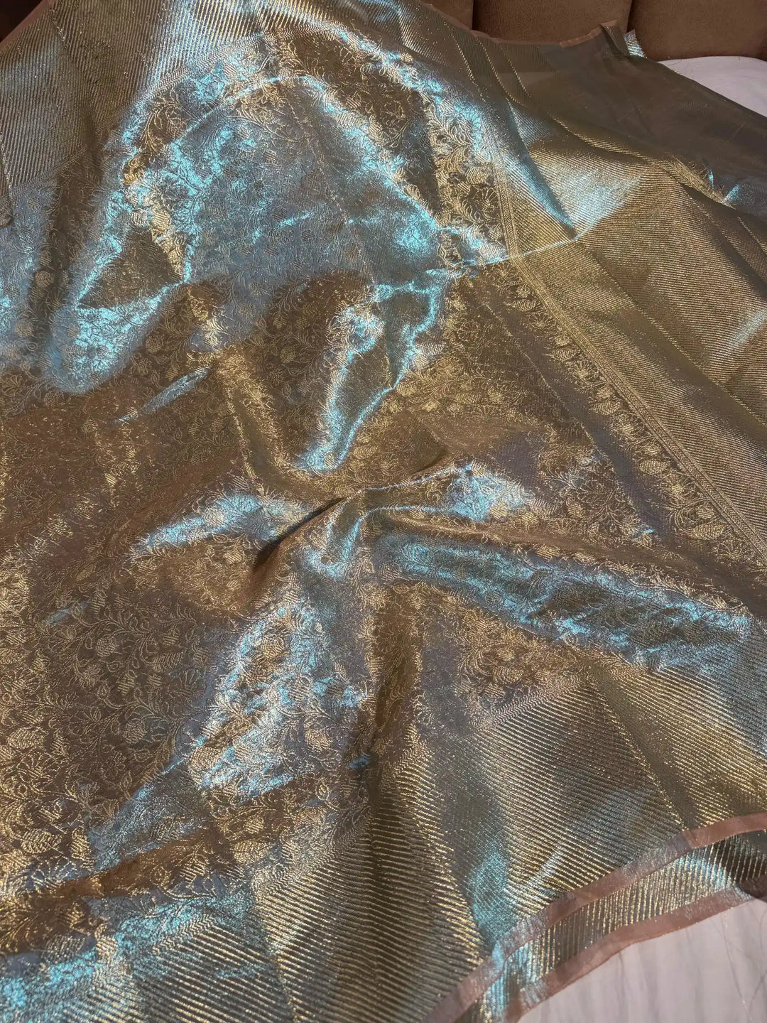 Premium Shade Glass Tissue Silk Saree with Rich Pallu and Blouse
