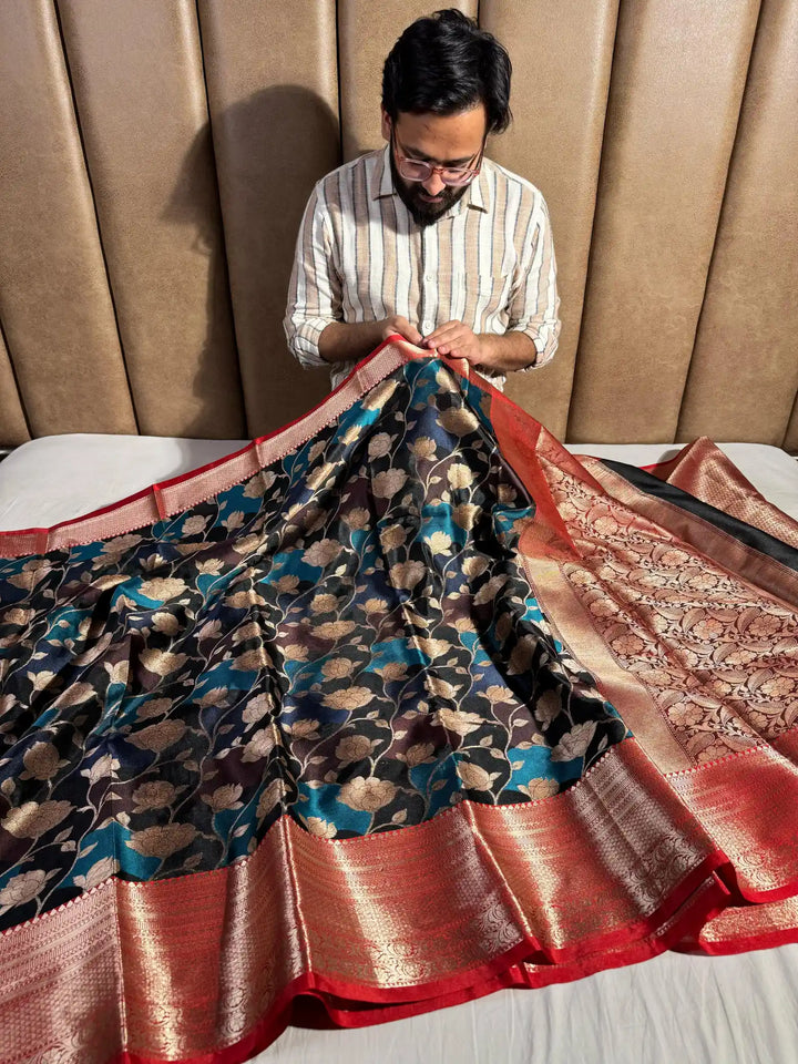 Premium Katan Silk Saree in Rangkat Pattern with Contrast Rich Pallu and Blouse