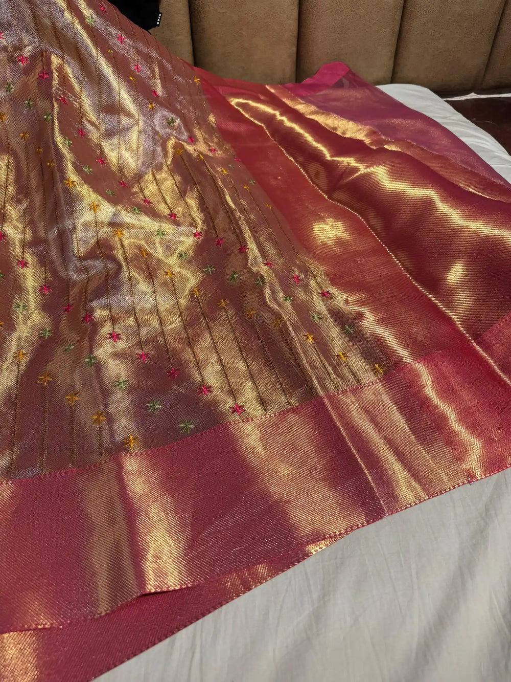 Premium Nyanathara Mam Inspired Tissue Silk Saree with Unique Star Embroidery Design