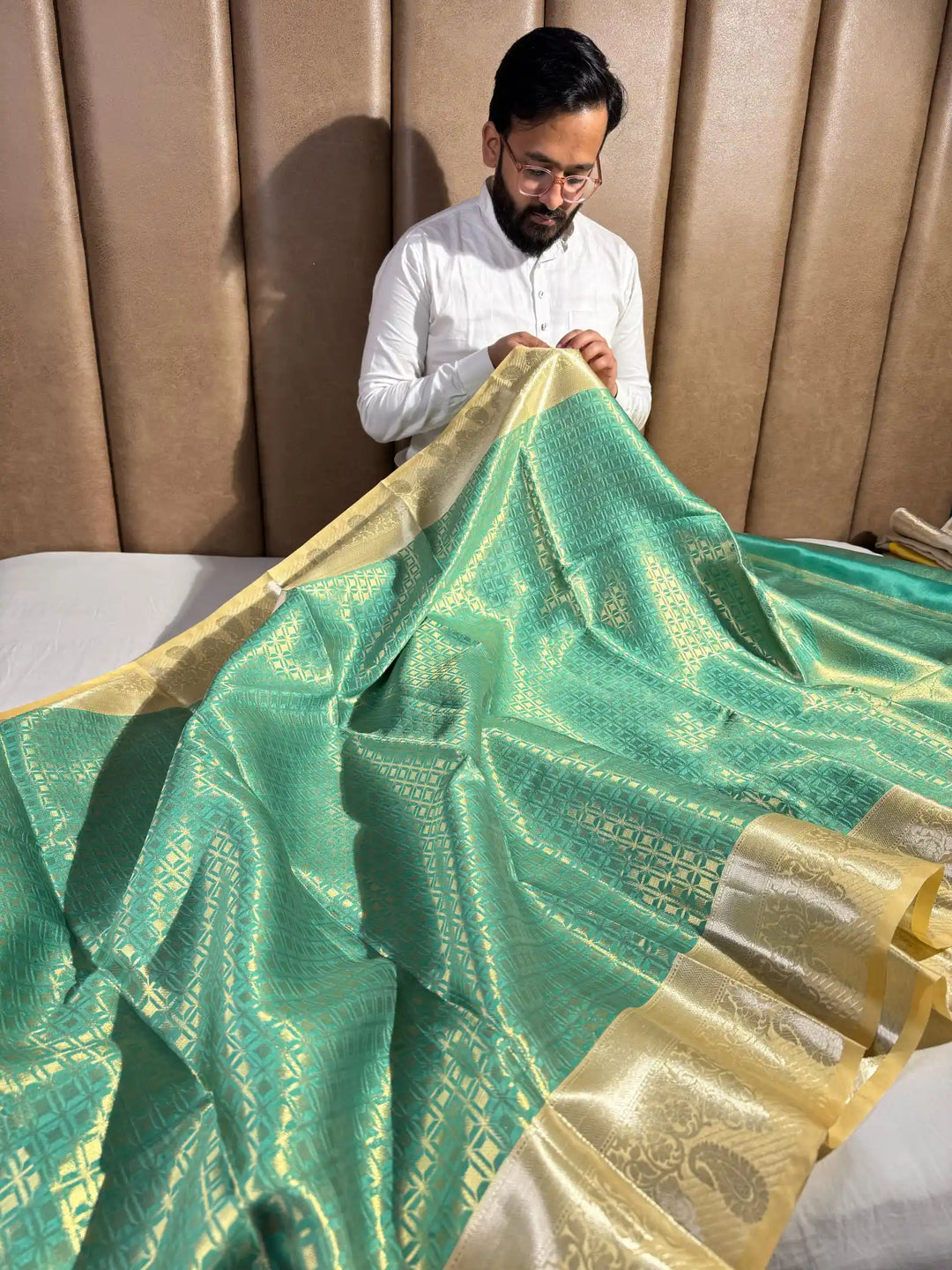 Premium Parrot Green Katan Tissue Silk Saree with Exclusive Ivory Rich Pallu