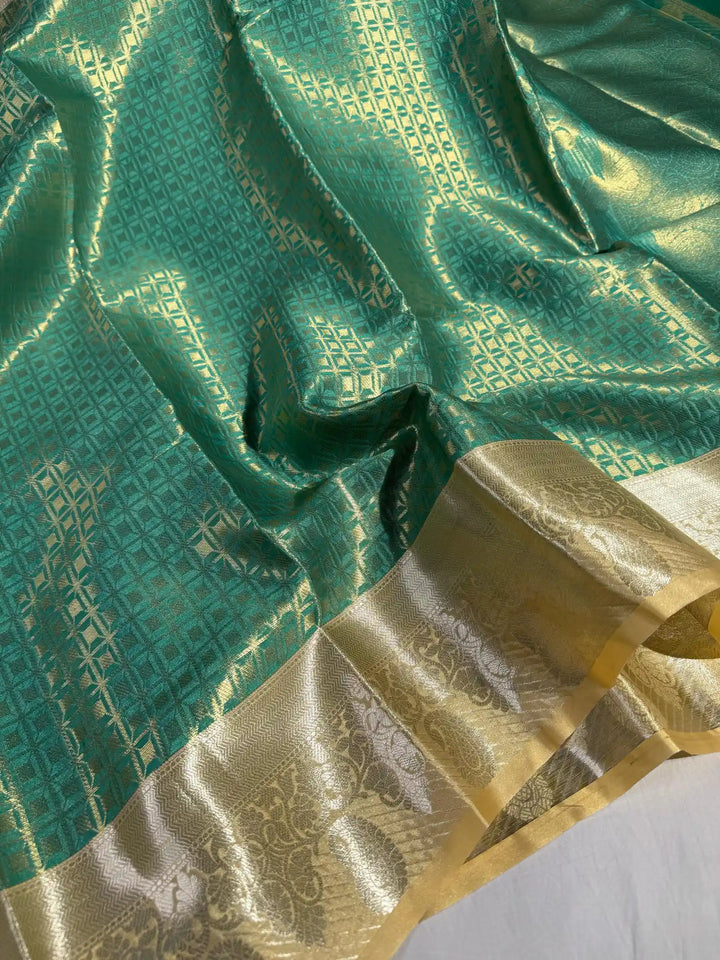 Premium Parrot Green Katan Tissue Silk Saree with Exclusive Ivory Rich Pallu