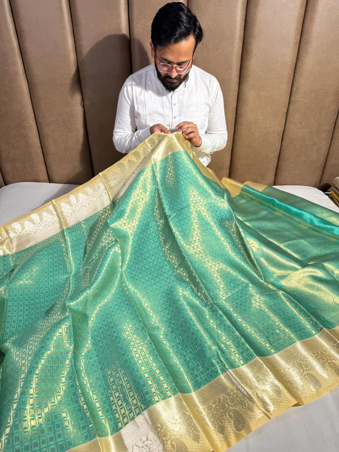 Premium Parrot Green Katan Tissue Silk Saree with Exclusive Ivory Rich Pallu