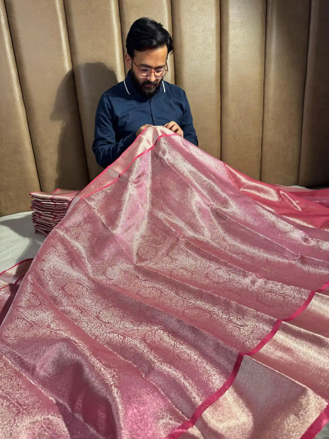 Premium Pink Banarasi Glass Tissue Saree with Dual Tone