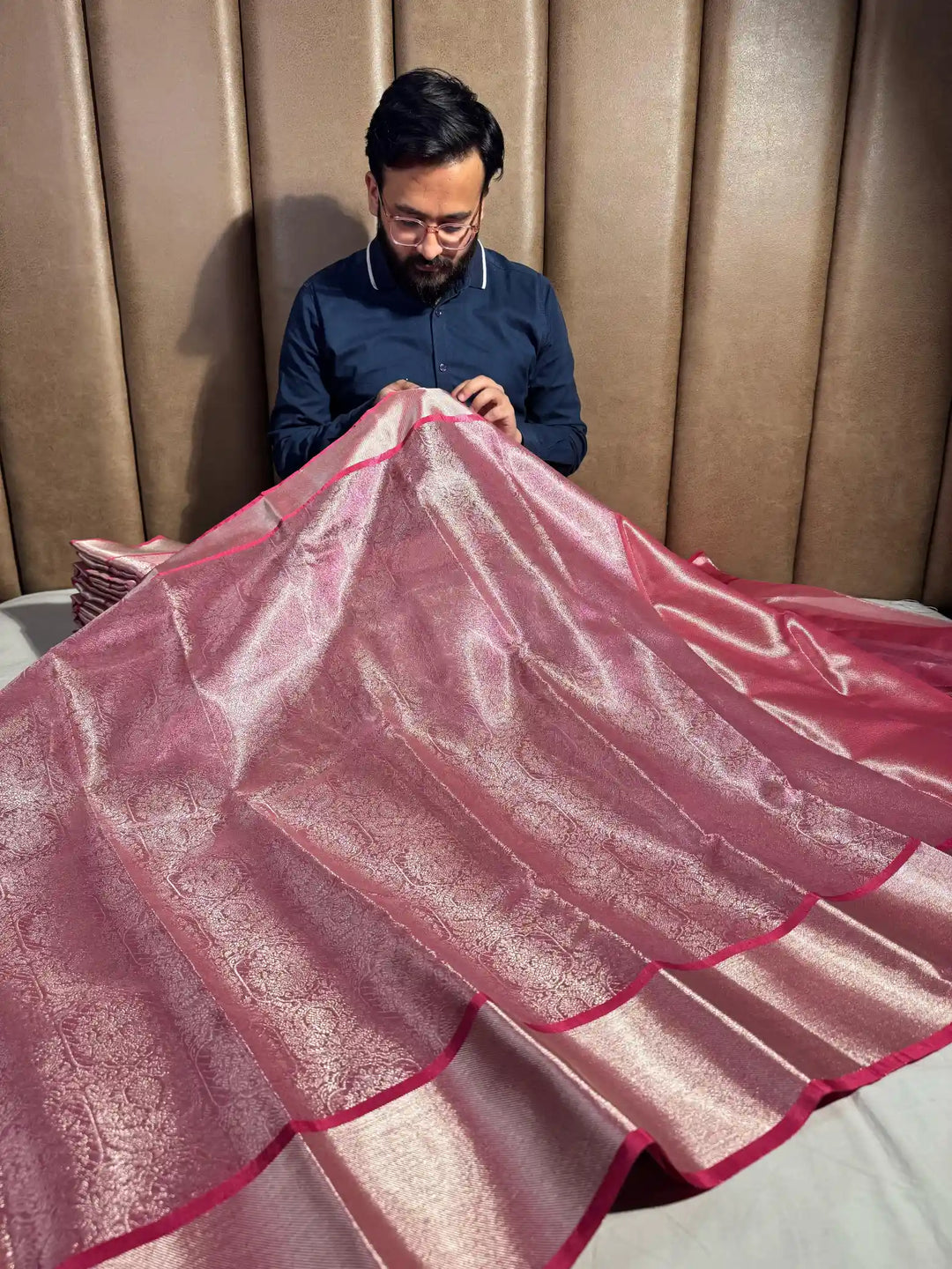 Premium Pink Banarasi Glass Tissue Saree with Dual Tone