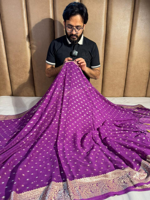 Purple Georgette Banarasi Silk Buti Weave Saree