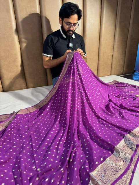 Purple Georgette Banarasi Silk Buti Weave Saree