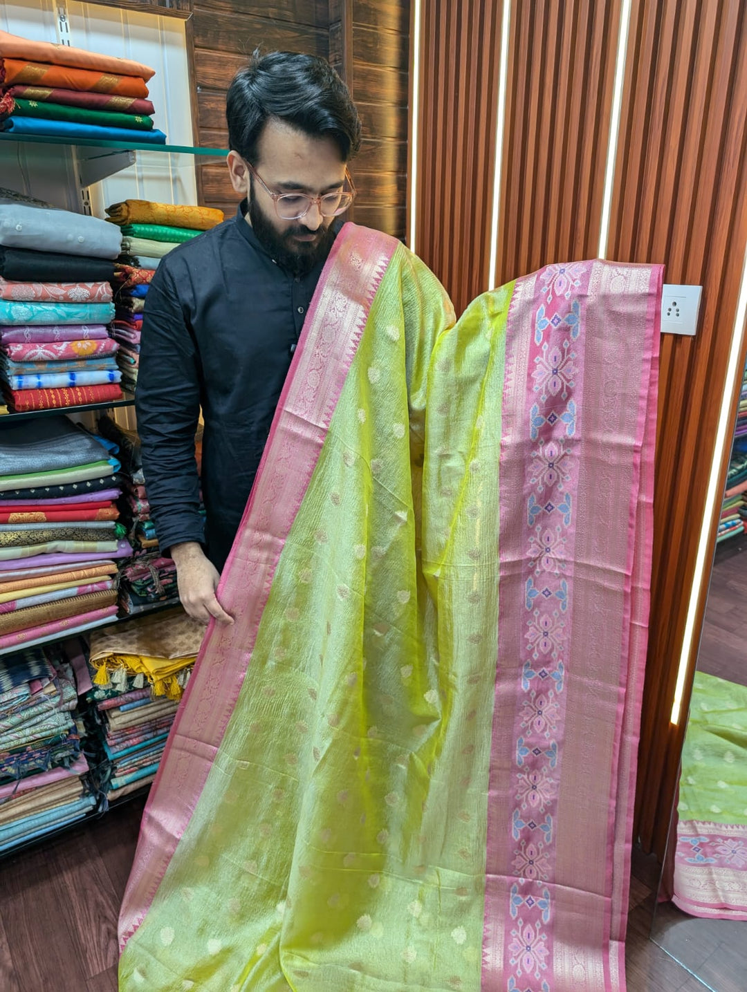Premium Mehandi Shade Tissue Silk Buti Banarasi Saree