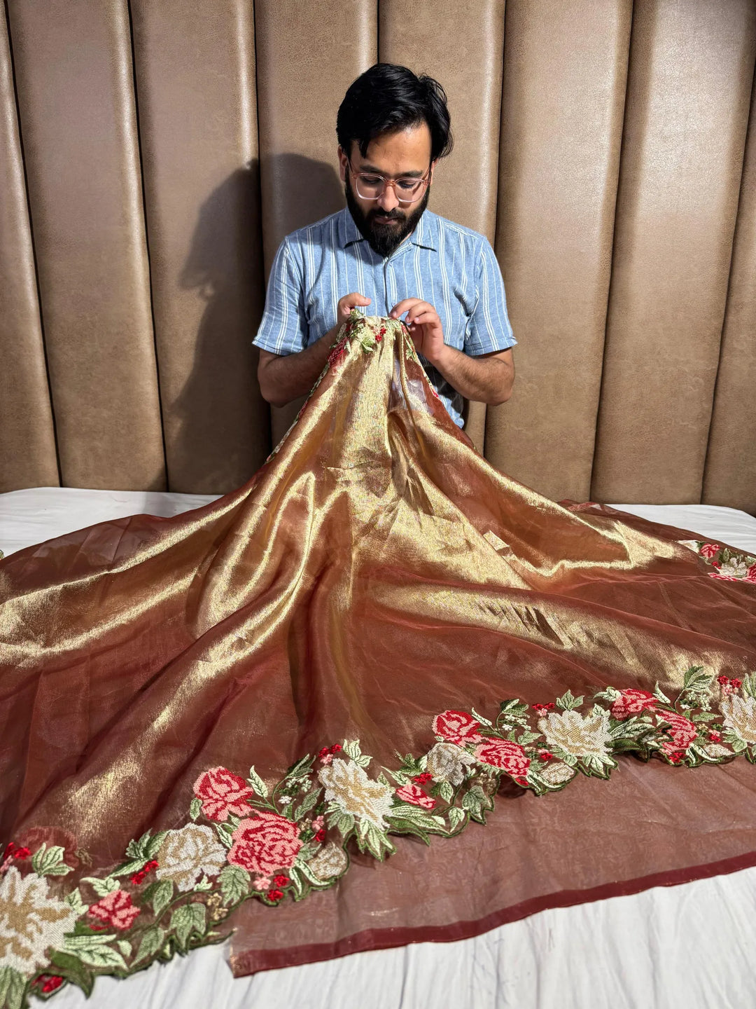 Premium banarasi crochet work tissue silk saree with scaleup border