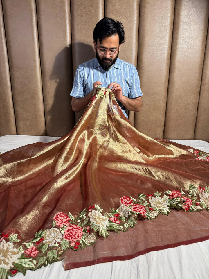 Premium banarasi crochet work tissue silk saree with scaleup border